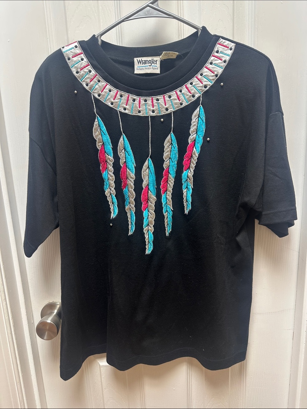 Wrangler Black Tee with Turquoise, Fuchsia & Silver Feather Embroidery